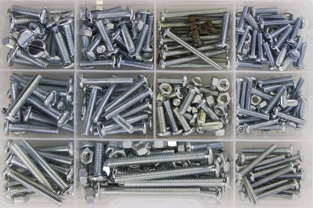 Organized case of machine screws, nuts and washers sorted by size